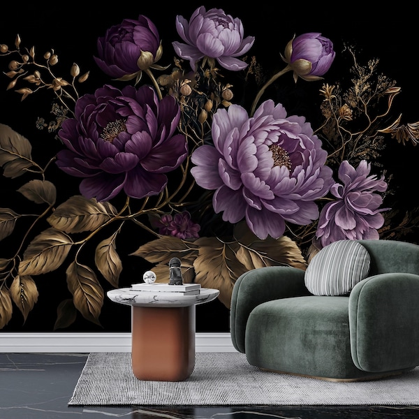 Papel tapiz autoadhesivo de peonía morada, mural floral grande y oscuro, decoración de pared con ramo de flores, arte mural botánico.