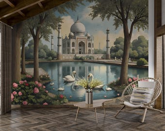 Vintage Mughal Wallpaper,Indian Garden Mural Peel and Stick,Ancient Landscape Wall Decor,Tropical Chinoiserie Wall Art,Asian Botanical Mural