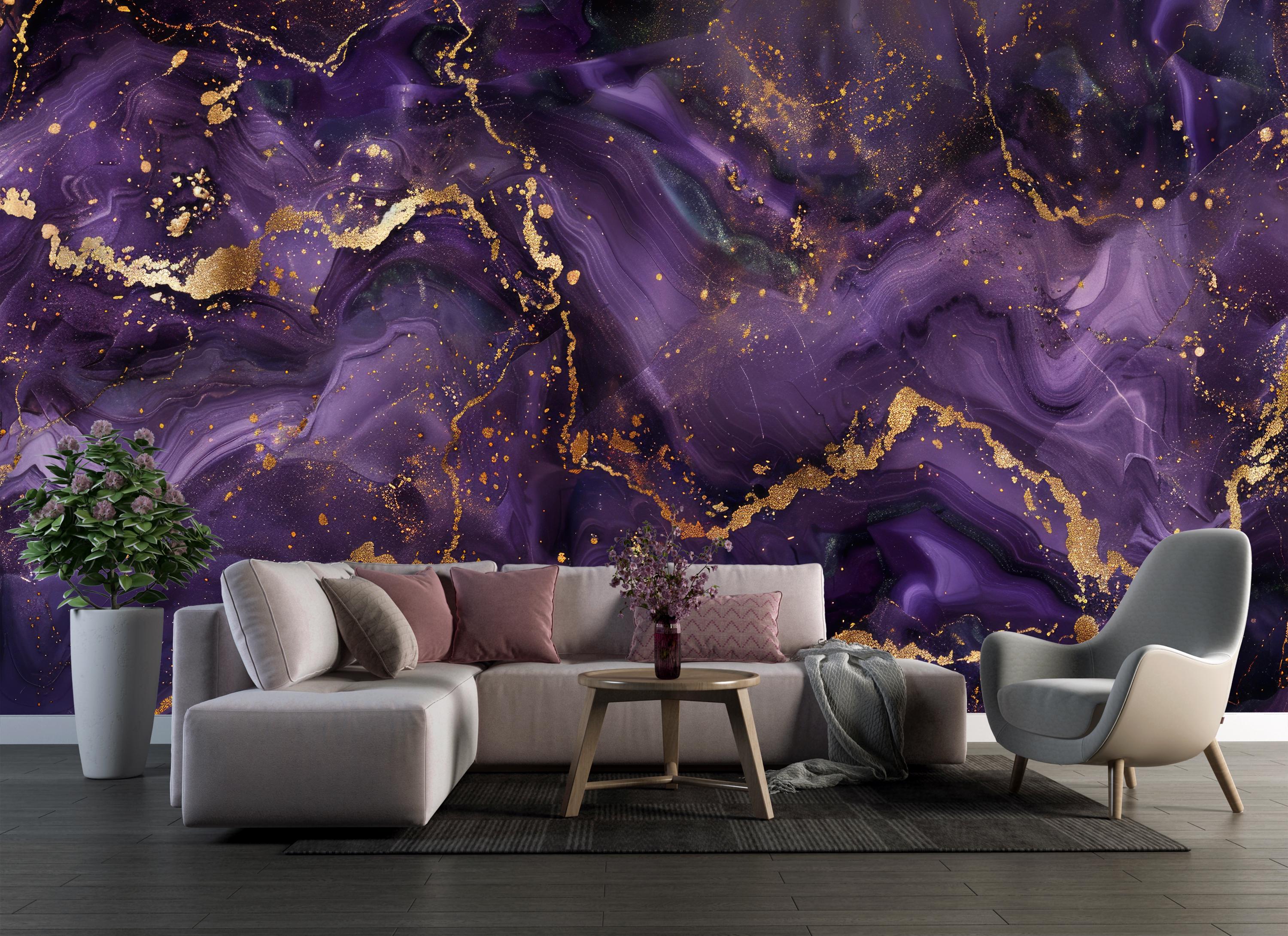 Purple Gold Marble Wallpaper,lilac Ink Mural,abstract Wall Decor Peel ...