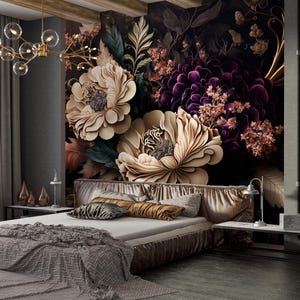 Baroque Floral Wallpaper Peel and Stick,Big Peony Mural,Purple Flower Bouquet Wall Decor,Dark Botanical Wall Art,Elegant Bedroom Wallpaper
