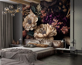 Baroque Floral Wallpaper Peel and Stick,Big Peony Mural,Purple Flower Bouquet Wall Decor,Dark Botanical Wall Art,Elegant Bedroom Wallpaper