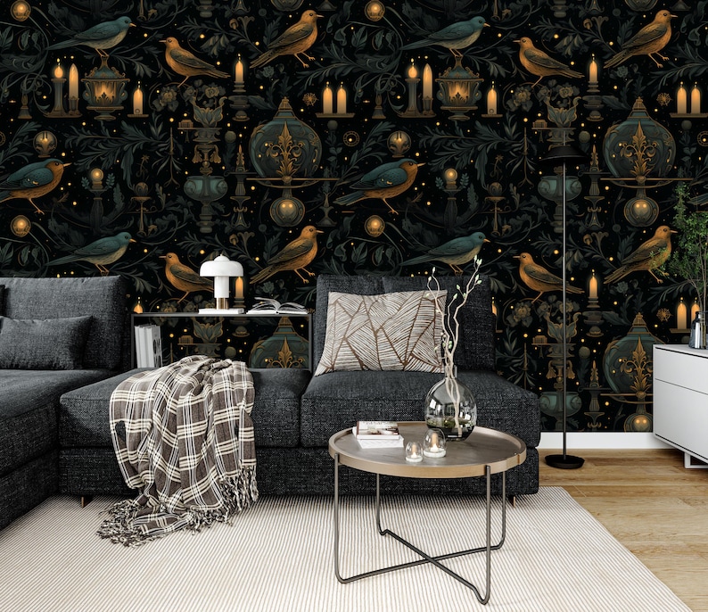Dark Gothic Wallpaper With Candles,birds Mural Peel and Stick,mystic