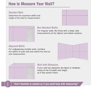 May include: Diagram showing how to measure a wall for wallpapering. It includes instructions for standard walls, non-standard walls, adjacent walls, and walls with obstacles. The text reads "Don't hesitate to contact us if you need help with measuring!"