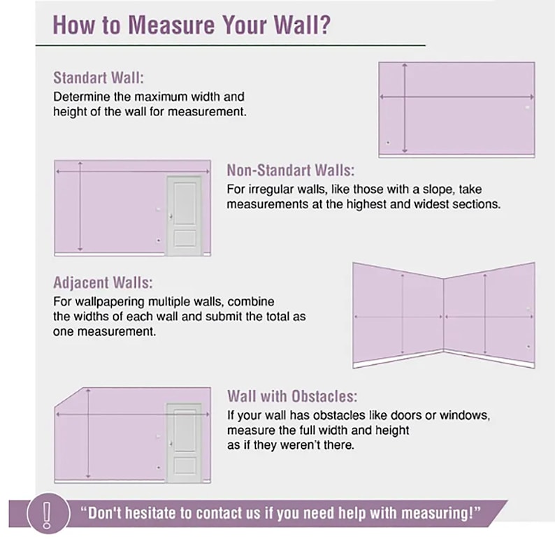 May include: Diagram showing how to measure a wall for wallpapering. It includes instructions for standard walls, non-standard walls, adjacent walls, and walls with obstacles. The text reads "Don't hesitate to contact us if you need help with measuring!"
