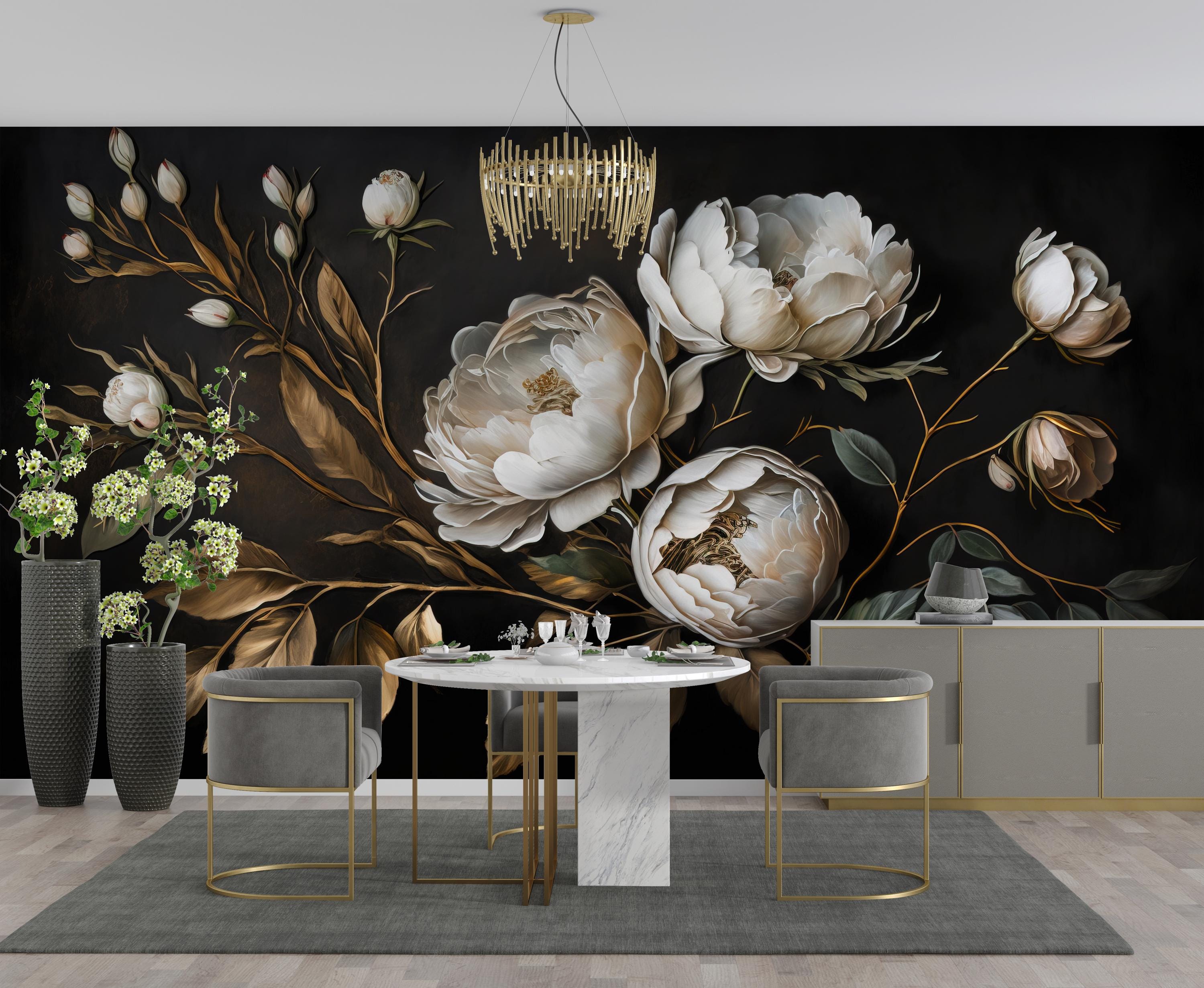 Baroque White Floral Wallpaper Peel and Stick,Big Peony Mural,Flower Bouquet Wall Decor,Dark Botanical Wall Art,Elegant Bedroom Wallpaper