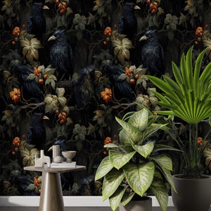 Gothic Wallpaper with Crows,Dark Floral Mural Peel and Stick,Moody Wall Decor,Night Wall Art with Corvi Self-adhesive,Flowers Wallpaper