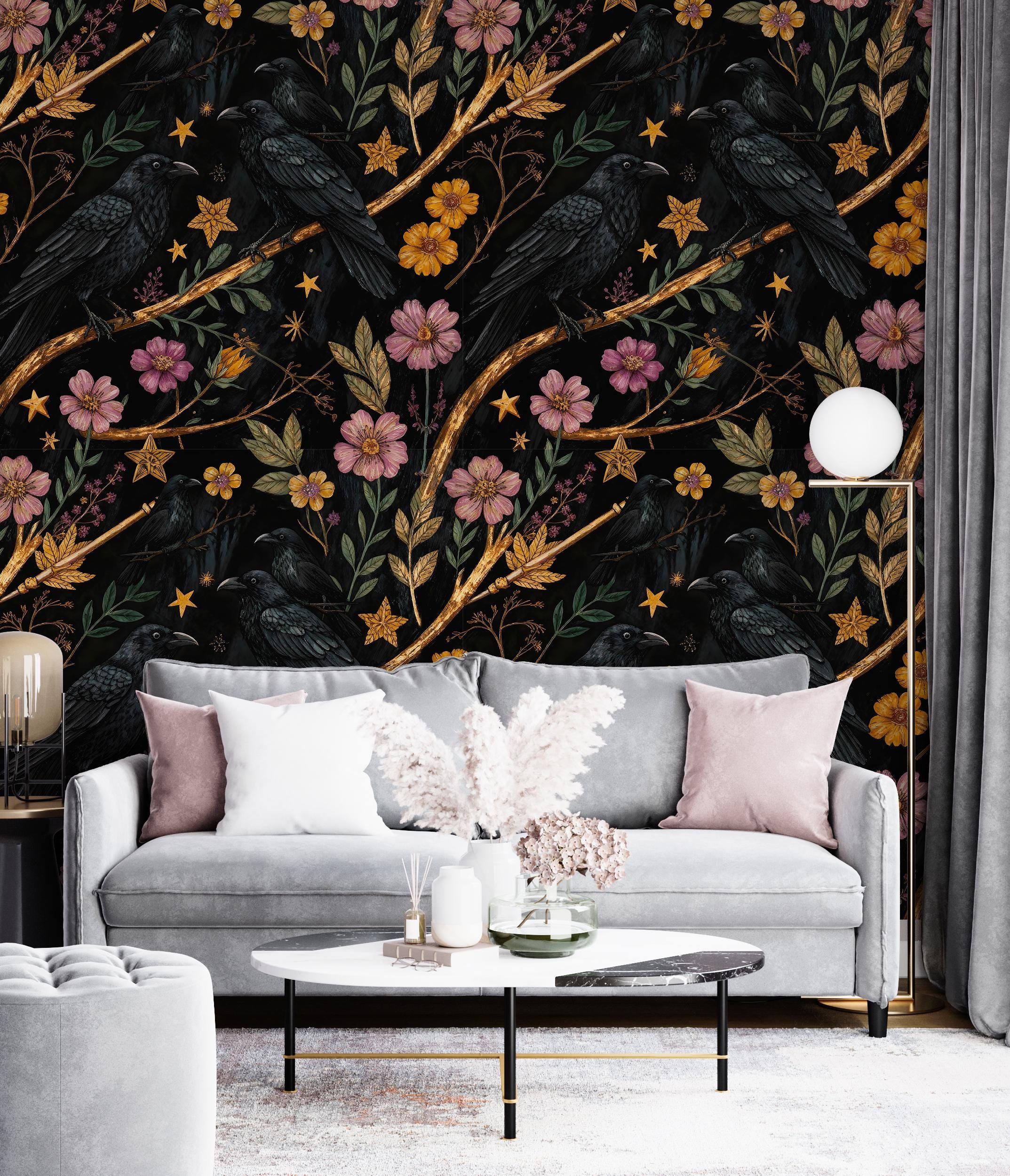 Dark Gothic Wallpaper With Crows,floral Mural Peel and Stick,mystic