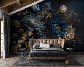 Blue Peony Wallpaper Peel and Stick,Big Dark Floral Mural,BeigeFlower Bouquet Wall Decor,Botanical Wall Art,Elegant Wallpaper Self-adhesive