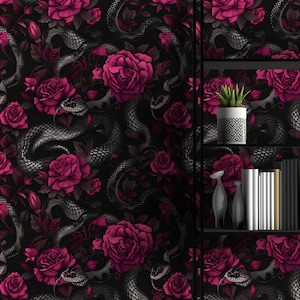 Serents Wallpaper,Snakes and Flowers Mural Peel and Stick,Dark Gothic Wall Decor,Botanical Mural on Black Background,Forest Plants Wall Art