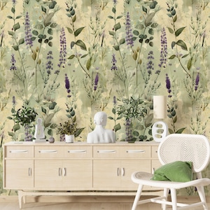 Beige Blumentapete,Lavendel Wandbild schälen und aufkleben,Botanische Wanddekoration,Frühlings Blumen Wandkunst,Kräuter Wandkunst,Grüne Blätter Wandbild