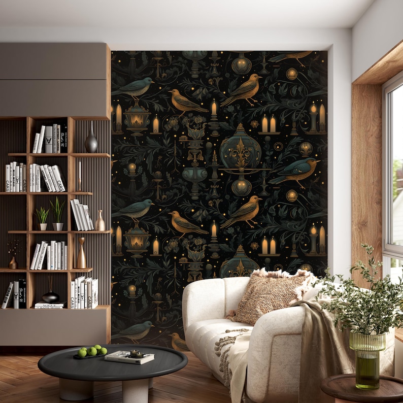 Dark Gothic Wallpaper With Candles,birds Mural Peel and Stick,mystic