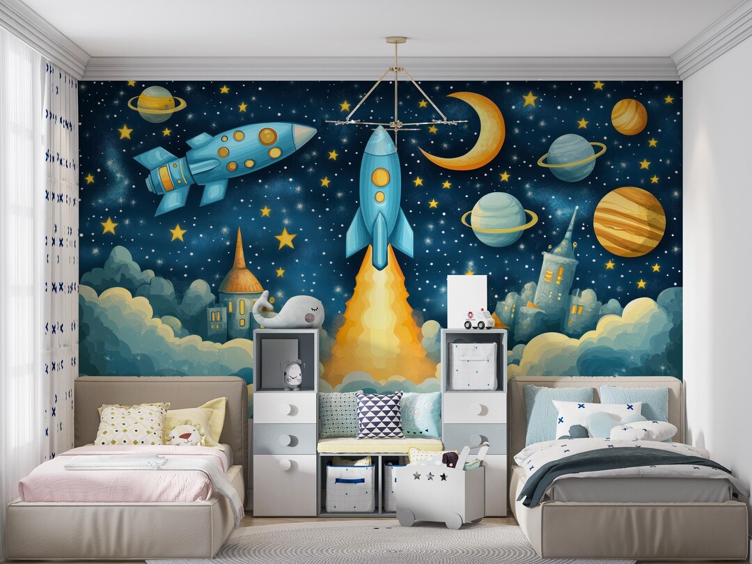 Cute Space Wallpaper Peel and Stick for Kids,blue Clouds Mural for ...