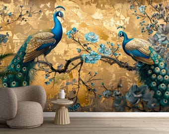 May include: A decorative wall mural featuring two peacocks perched on branches with blue flowers against a gold textured background. The peacocks have vibrant blue and gold plumage, creating a striking visual.