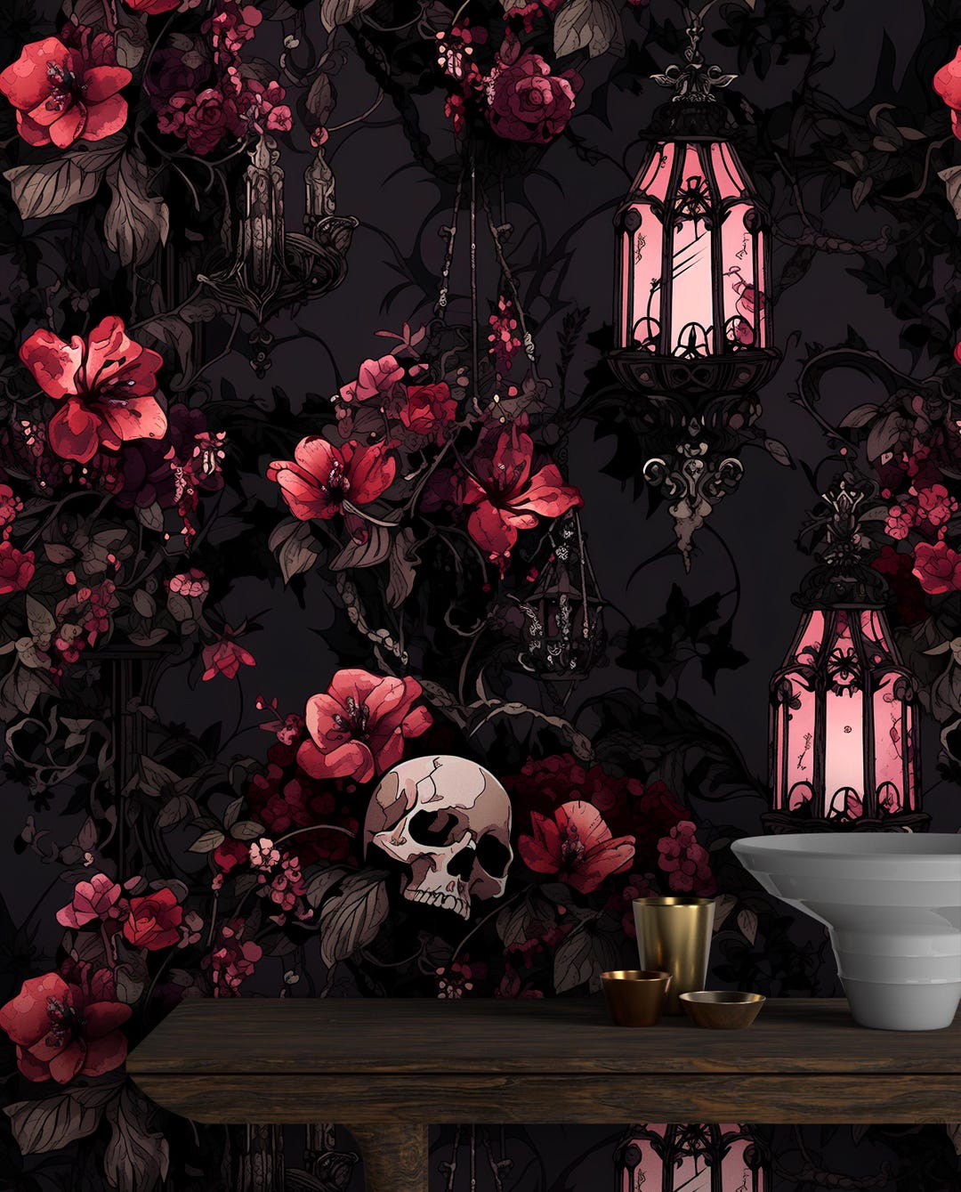 Dark Gothic Wallpaper With Skull,floral Mural Peel and Stick,red