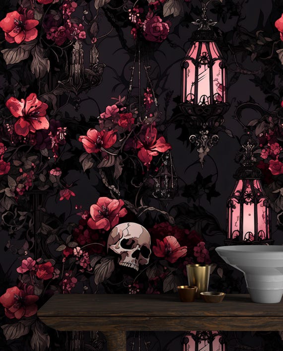 Dark Gothic Wallpaper with Skull,Floral Mural Peel and Stick,Red Flowers and Butterflies Wall Decor,Mysterious Black Background Wallpaper