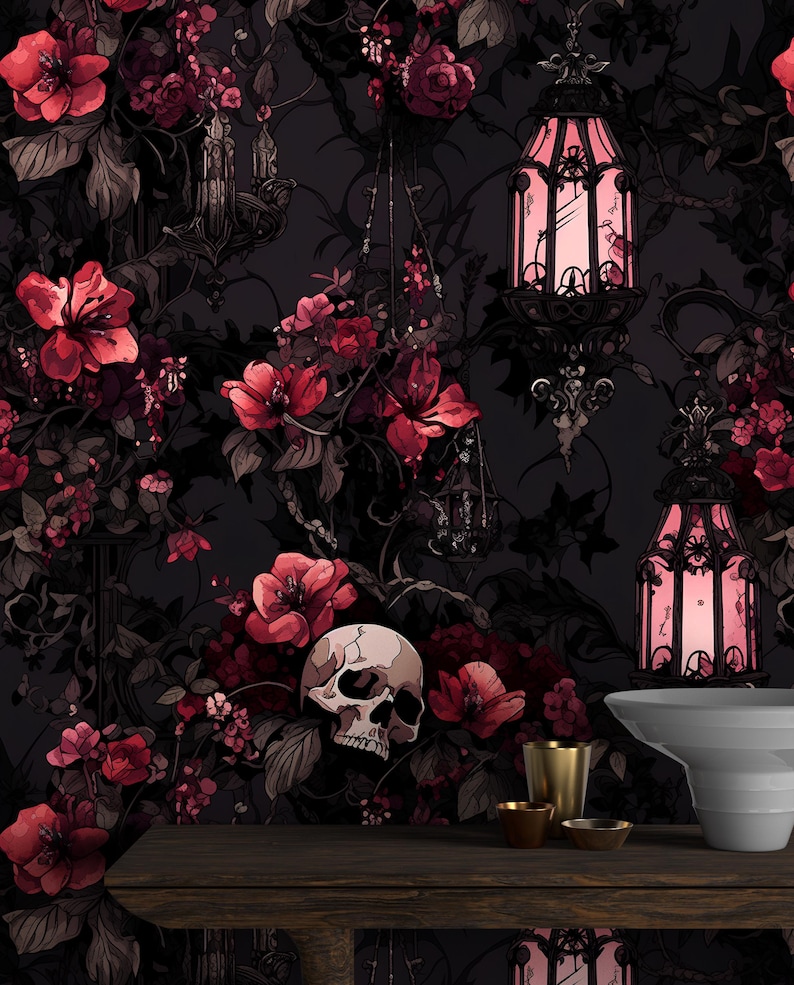 Dark Gothic Wallpaper with Skull,Floral Mural Peel and Stick,Red Flowers and Butterflies Wall Decor,Mysterious Black Background Wallpaper image 1
