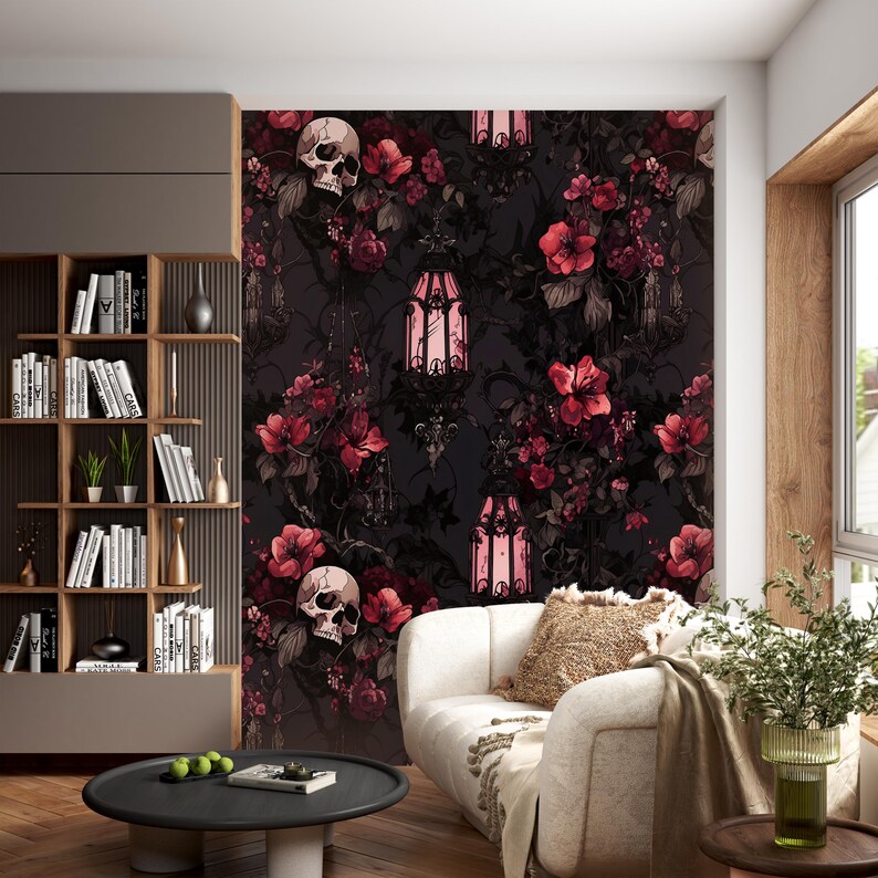 May include: A dark floral wallpaper with pink lanterns, skulls, and vines. The wallpaper is a gothic style and would be perfect for a dark and moody room.