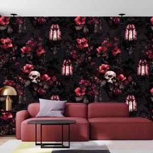 May include: A dark red and black floral wallpaper with skulls and lanterns. The wallpaper features a repeating pattern of red roses, vines, and skulls. The lanterns are made of metal and have a gothic design. The wallpaper is perfect for adding a touch of spooky elegance to any room.