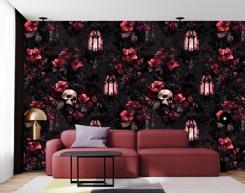 May include: A dark red and black floral wallpaper with skulls and lanterns. The wallpaper features a repeating pattern of red roses, vines, and skulls. The lanterns are made of metal and have a gothic design. The wallpaper is perfect for adding a touch of spooky elegance to any room.