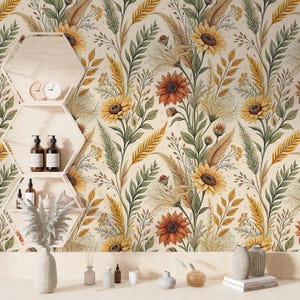 Carta da parati floreale beige Boho, murale di girasoli staccabile e attaccabile, decorazione murale botanica, arte murale di fiori primaverili, arte murale di erbe aromatiche, murale dai colori tenui
