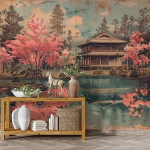 Vintage Chinoiserie Landscape Wallpaper,Japanese Garden Mural,Cherry Blossom Wall Decor,Chinese Pagoda Wall Art,Ancient Blossoms Wallpaper