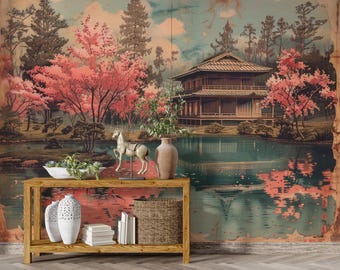 Vintage Chinoiserie Landscape Wallpaper,Japanese Garden Mural,Cherry Blossom Wall Decor,Chinese Pagoda Wall Art,Ancient Blossoms Wallpaper