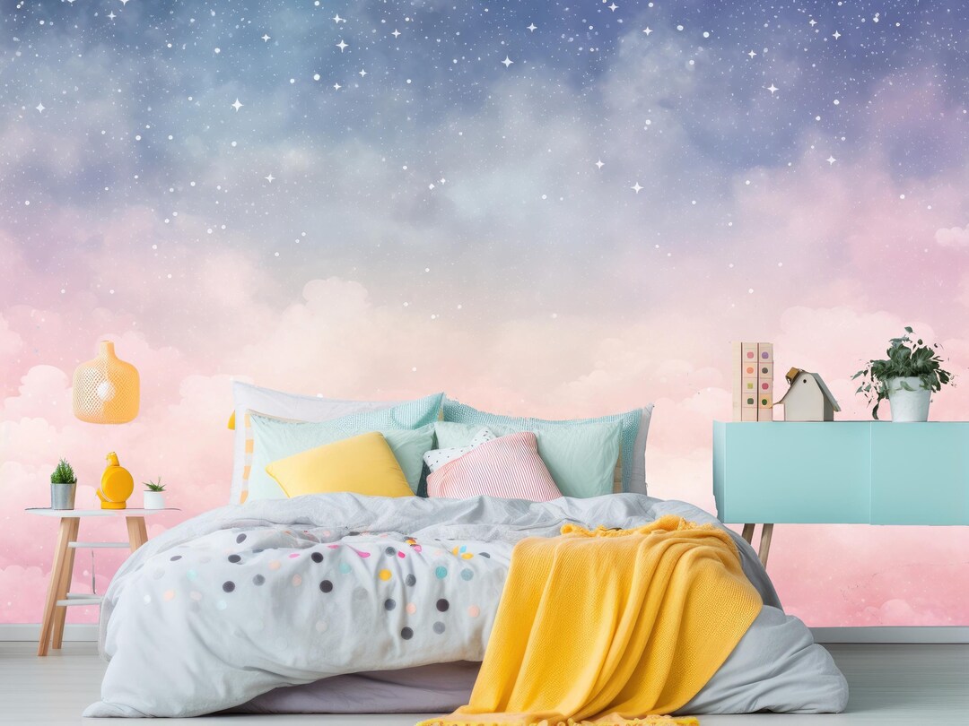 Pink Sky Wallpaper Peel and Stick for Kids,cute Purple Clouds Mural for ...