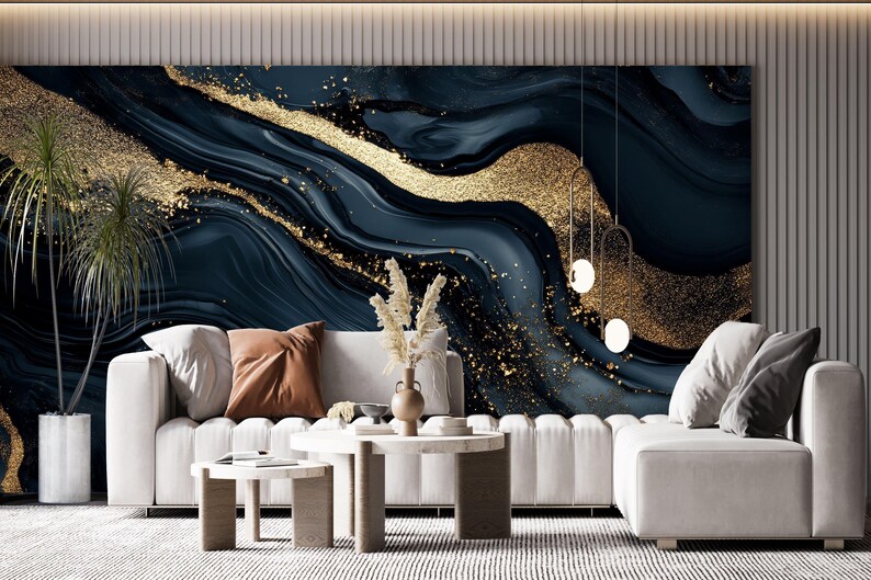 Dark Blue Gold Marble Wallpaper Peel and Stick,black Ink Mural,navy ...