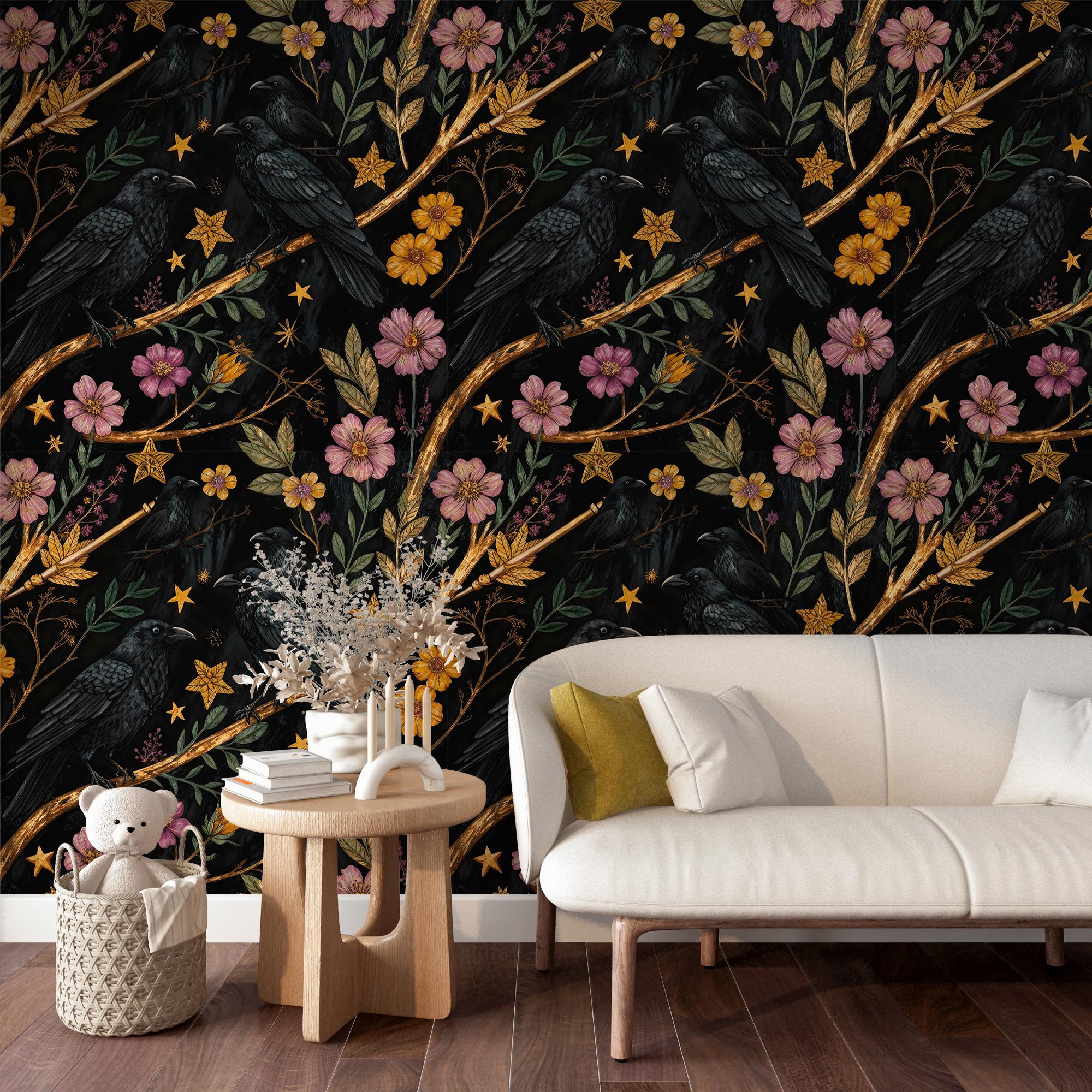 Dark Gothic Wallpaper With Crows,floral Mural Peel and Stick,mystic