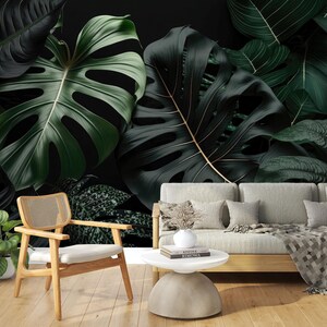 Carta da parati con foglie tropicali scure da staccare e attaccare, grande murale con foglie di monstera nere, decorazione murale con piante esotiche della foresta, arte murale botanica, murale della giungla