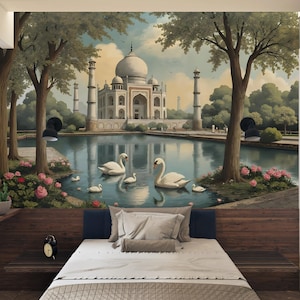 Vintage Mughal Wallpaper,Indian Garden Mural Peel and Stick,Ancient Landscape Wall Decor,Tropical Chinoiserie Wall Art,Asian Botanical Mural