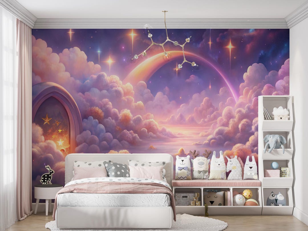 Kids Sky Wallpaper Peel and Stick,nursery Purple Pink Clouds Mural ...