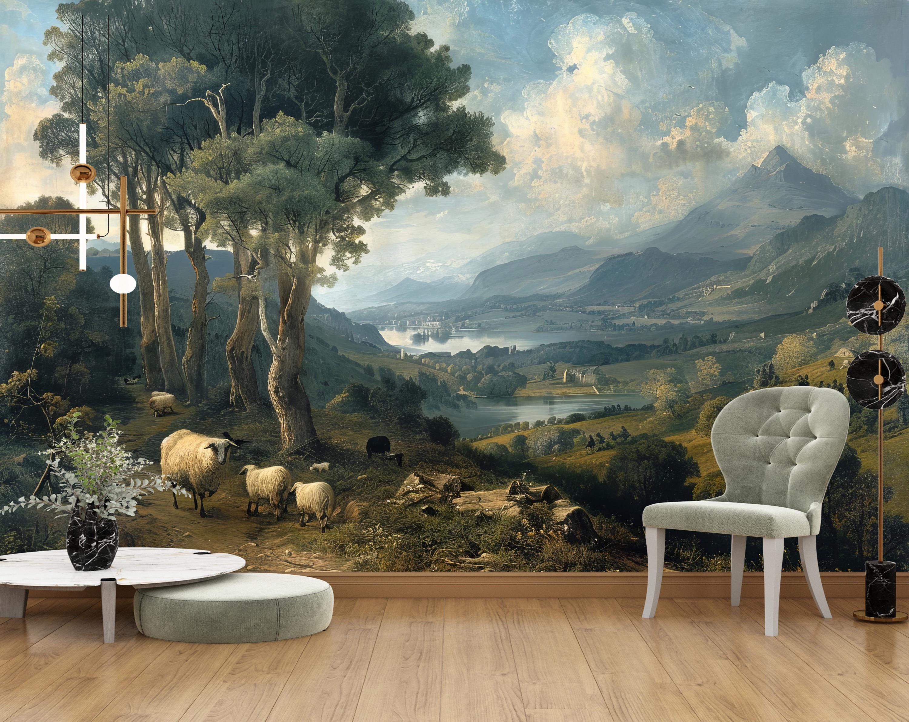 Pastoral Wallpaper Peel and Stick,rural Landscape Mural,vintage ...