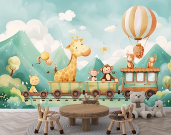 Cute Animals in Train Wallpaper Peel and Stick,Hot Air Balloon Mural for Boys,Watercolor Mountains Nursery Wall Decor,Clouds and Sky Mural