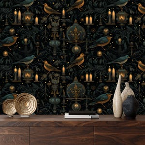 Dunkle Gothic Tapete mit Kerzen,Vögel Wandbild Schälen und Aufkleben,Mystische Nacht Wanddekor,Geheimnisvolle schwarze Hintergrund Tapete,Zauberer Wand Kunst