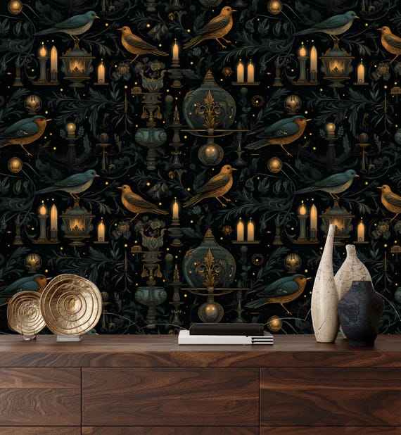 Dark Gothic Wallpaper with Candles,Birds Mural Peel and Stick,Mystic Night Wall Decor,Mysterious Black Background Wallpaper,Wizard wall Art