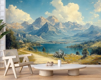 Vintage Landscape Wallpaper Peel and Stick,Rural Scene Mural with Trees,Natural Victorian Living Room Wallpaper,Pastoral River Wall Art