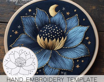 Celestial Flower Embroidery Template (NO STITCH GUIDE), Flowers And Stars Hand Embroidery, Whimsical Flower Printable Embroidery Pattern