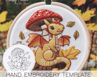 Fall Dragon Embroidery Pattern Template (NO STITCH GUIDE), Mushroom Embroidery Pattern, Whimsical Embroidery Design, Cute Dragon Embroidery