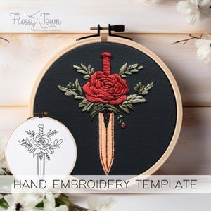剣とバラの刺繍テンプレート（ステッチガイドなし）、短剣の手刺繍パターン、ファンタジー刺繍、花の剣の手刺繍 pdf