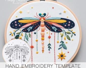 Whimsical Dragonfly Embroidery Template (NO STITCH GUIDE), Fantasy Hand Embroidery Pattern, Decorative Dragonfly Embroidery Printable pdf
