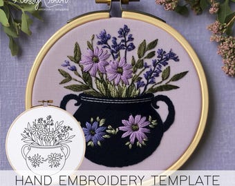 Flower Cauldron Hand Embroidery Template (NO STITCH GUIDE), Witch Embroidery Pattern Template Witchy Embroidery Pattern Cute Goth Embroidery