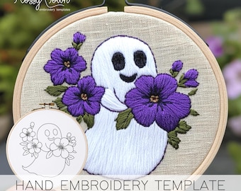 Ghost Flowers Embroidery Template (NO STITCH GUIDE), Easy Halloween Embroidery Pattern, Cute Ghost Embroidery Pattern Cute Halloween