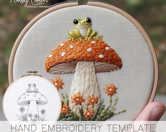 カエルとキノコの手刺繍テンプレート（ステッチガイドなし）、コテージコア刺繍パターンpdf、気まぐれな刺繍デザインかわいいキノコ