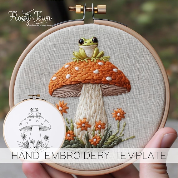 Frog Mushroom Hand Embroidery Template (NO STITCH GUIDE), Cottagecore Embroidery Pattern pdf, Whimsical Embroidery Design Cute Mushroom