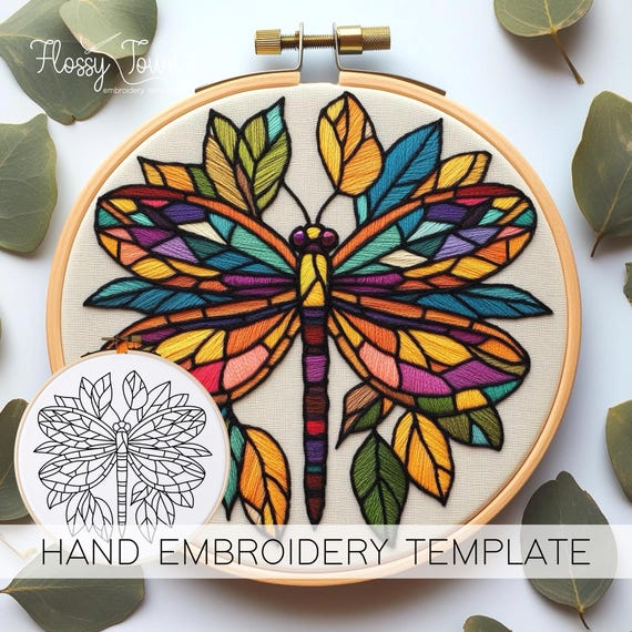 Stained Glass Dragonfly Embroidery Template (NO STITCH GUIDE), Dragonflies Hand Embroidery Pattern Template, Embroidery Insect Embroidery