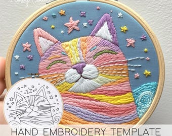 Rainbow Cat Embroidery Template (NO STITCH GUIDE), Fun Cat Hand Embroidery Pattern, Cat Lady Embroidery, Cat Mom Embroidery Template Digital