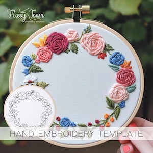 Flower Wreath Hand Embroidery Template  (NO STITCH GUIDE), Summer Flowers Embroidery Template, Woven Rose Embroidery Pattern Template