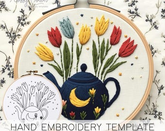Teekanne Tulpen Handstickmuster: Cottagecore Teeliebhaber Vorlage Digital