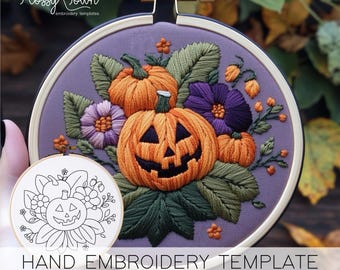 Halloween Floral Embroidery Template( NO STITCH GUIDE), Spooky Fall Embroidery Pattern, Spooky Pumpkin Hand Embroidery Spooky Floral